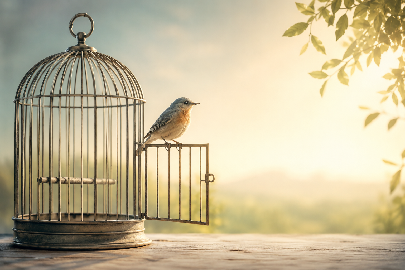 Vogel auf einer geöffneten Käfigtür als Symbol für Selbstfindung und innere Freiheit